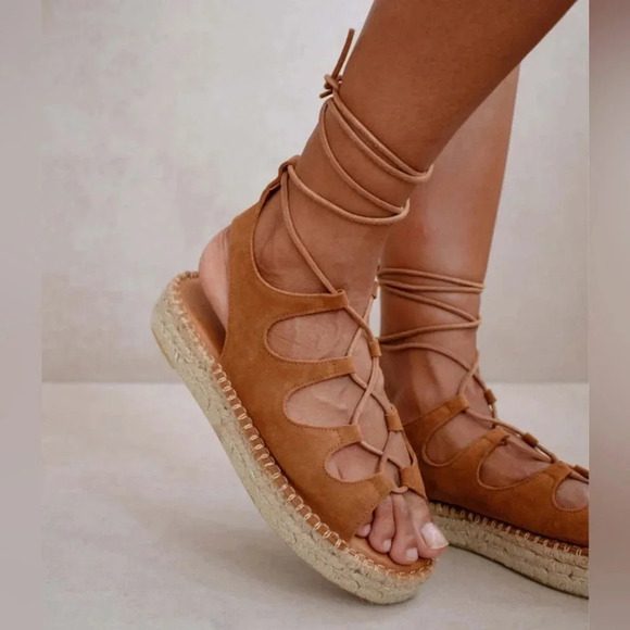 Alohas Gladiator Sandals in Camel Lace Up Suede Espadrilles Size 37 - Picture 1 of 7